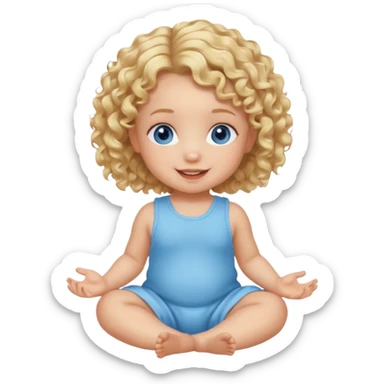 blonde curly hair blue eye baby girl sitting on the floor talking sticker