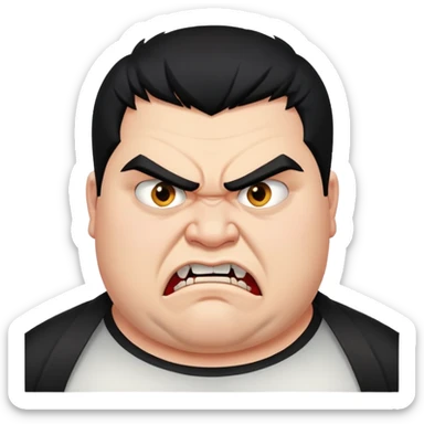young angry fat man in profile view with black hair, fangs, crossed eyes sticker