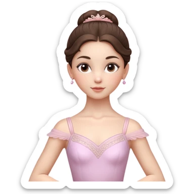 Cinematic Realistic ballerina Portrait, depicted with lifelike skin texture, subtle rosy undertones, and soft natural lighting that enhances the gentle contours of her face. Her intricately detailed sweet brunette hair is elegantly styled, sticker