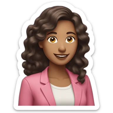 Woman with long dark brown hair with loose curls, pretty smile, dressed with a pink blazer sticker