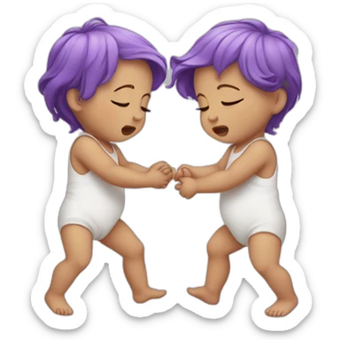 two crying white babies holding hands, one has purple hair sticker