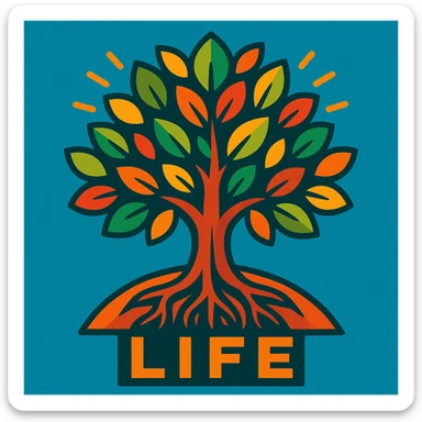 the concept of life, represented as a vibrant tree with roots and leaves, colorful style sticker