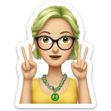 A white women with glasses, and green eyes and doing the peace sign with bracelets around her wrists and fake lashes sticker