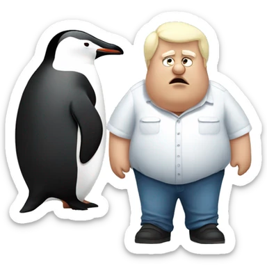 Tired Old obese blonde man standing next to a penguin sticker