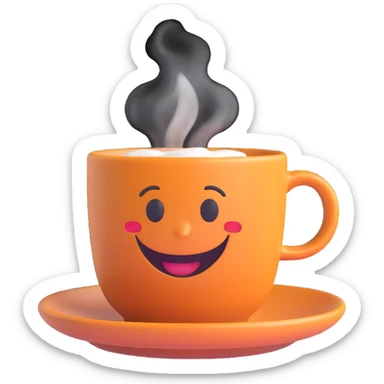 3D emoji style espresso cup with saucer, steam rising, smiling face sticker