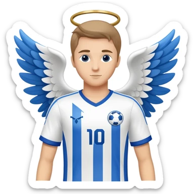 Blue and white soccer jersey with an angel symbol on the front sticker