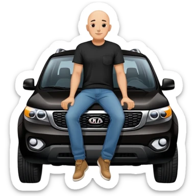 bald man sitting on top of a Kia Mohave SUV sticker