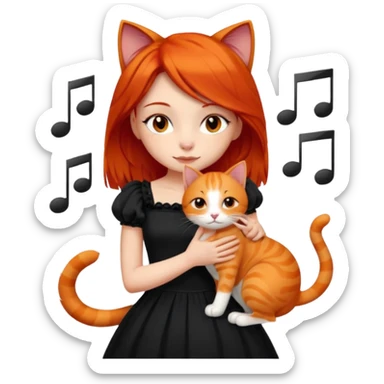 Girl with red hair with black eyes wearing beautiful dress and hug a orange cat and leasing to music   sticker