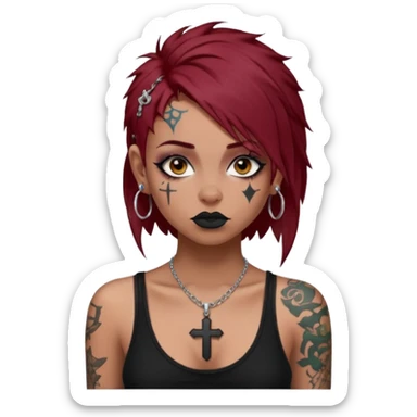 generate an ios genmoji of a girl with dark red messy hair with eyeliner on. septum piercing, wearing a cami black top, has tattoos, on shoulders. ear piercings. wearing a cross silver necklace sticker