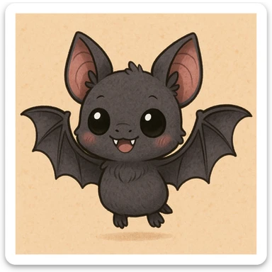 a cute chibi-style vampire bat, wings spread, two little fangs showing sticker