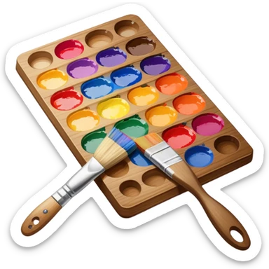 Cinematic Realistic image of a vibrant paint palette and brush, featuring a wooden palette smeared with an array of richly blended colors and a finely detailed brush with soft, delicate bristles, set against a softly textured background that evokes artistic inspiration sticker