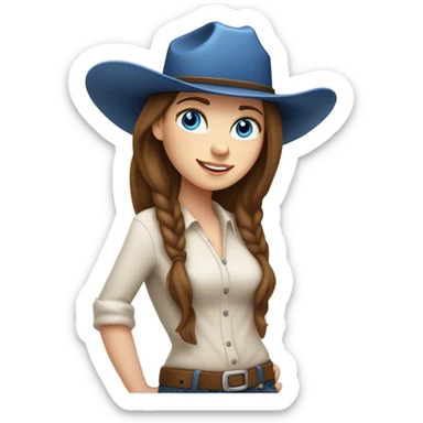 very white girl, with freckles, blue eyes, straight long and brunette hair, riding a cow with a cowgirl hat sticker