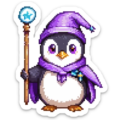 penguin wizard with a purple robe and magic wand sticker