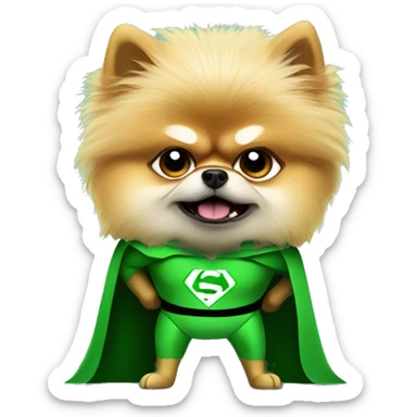 angry pomeranian in green superhero suit sticker