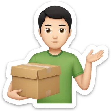black haired asian man green shirt holding cardboard box sticker