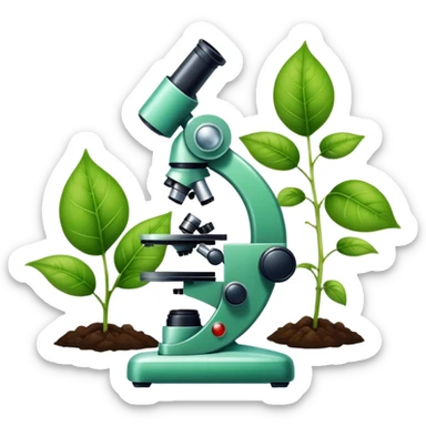 An icon featuring a DNA strand, a microscope, and a green leaf, symbolizing biology. The design includes animal cells, plant structures, and a frog, representing the study of living organisms and ecosystems. Transparent background highlights life sciences and biological research. sticker