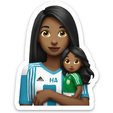 Girl with long black hair wearing a half Argentina half Nigerian jersey holding a baby  sticker