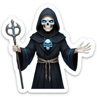 portrait of a god of death in black robes, skeletal hands, glowing blue eyes under a shadowed hood, scythe in hand, floating slightly above the ground, surrounded by spirits sticker
