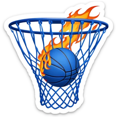 Blue basketball with flames effect passing through net, dramatic sports moment, iOS emoji style sticker
