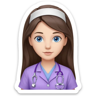 pretty brunette nurse with long hair and blue eyes in lilac scrubs sticker