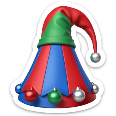 A 3D cartoon jester hat in red, blue, and green with bells, simple light background, Memoji-style rendering. sticker