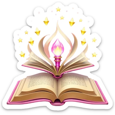 An open pink book with magical lights emerging from its pages sticker