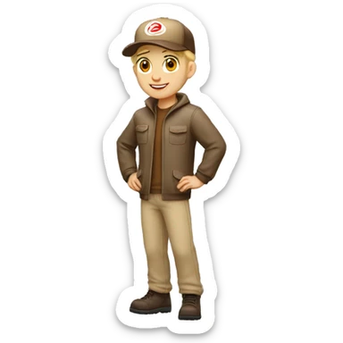 Blonde Delivery boy, full body, light skin tone, wearing brown cap and brown jacket, UPS delivery company uniform loading a package without background sticker