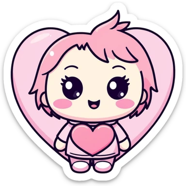 kawaii chibi pink heart character with big sparkling eyes, soft pastel colors sticker