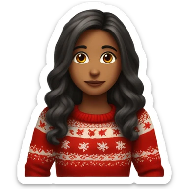 thoughtful-highlight-skin-dark-long-hair-girl-in-red-cute-Christmas-sweater sticker