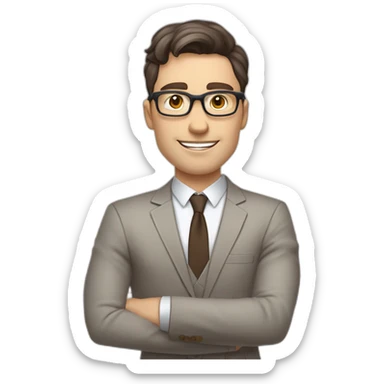 Pale skinned fit man with dark brown hair in gray jacket, beige office shirt, brown tie, brown pants and vintage glasses Writing text on a flipchart sticker