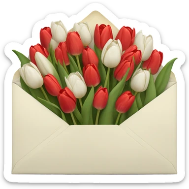 Light beige Envelope with 4 red tulips and 4 white tulips in. Just put more tulips in and make envelope colour lighter. Make envelope an off white colour. Make envelope wider. don’t make a double line on envelope sticker