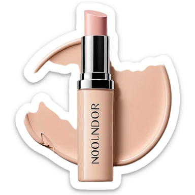 Colorete en barra de maquillaje de lujo, envase cilíndrico beige nude brillante, parte superior con barra rosada, fondo gris claro, iluminación suave. Texto vertical “r h o d e” en minúsculas, tipografía sans serif fina blanca centrada. Fotografía de producto realista. sticker