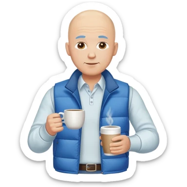 full body bald man wearing long sleeve white shirt with blue puffy winter vest holding a cup of coffee in front of him at his chest sticker
