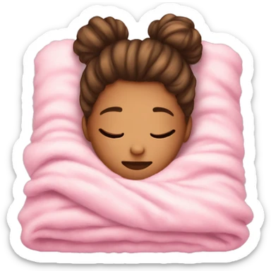 a girl with a messy bun laying in bed sleeping with a pink fuzzy blanket sticker