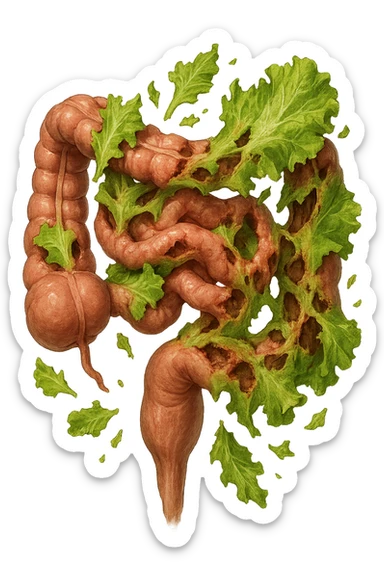 foglie di insalata che attaccano un intestino anatomico umano per distruggerlo sticker
