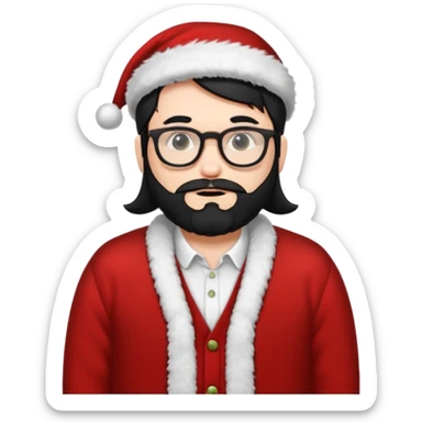 white man wearing glasses, black straight hair dressed as hipster Santa in a cardigan  sticker