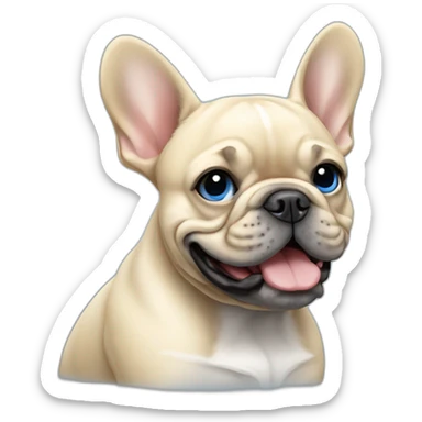 blond French bulldog with a blue muzzle sticker