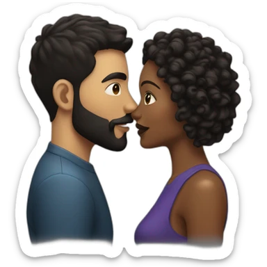 White man with a smooth black hair cut fade and a black beard kissing a black woman with long brown curly hair sticker