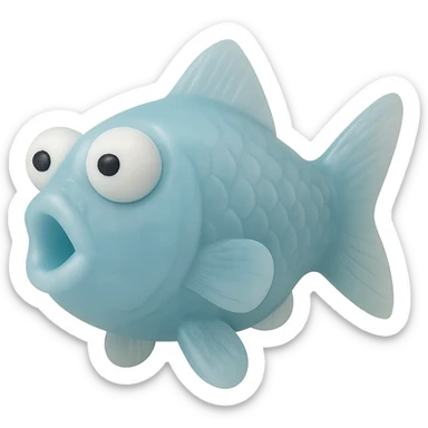 Make the fish even more see-through while keeping the body semi-transparent blue plastic. The fish should be facing directly to the side (90 degrees from the camera), no tag, eyes derpy and going in opposite directions. No background. Hyper-detailed, soft plastic 90's toy look, soft reflections, soft and squishy, some cloudiness, not shiny, highly detailed, appealing. sticker