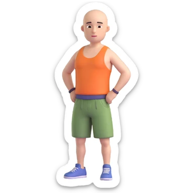 Remove all hair from the character, leaving a bald head. Keep the rest of the body, face, and clothing (shorts and tank top) unchanged. Maintain the same 3D style, pose, and transparent background. sticker