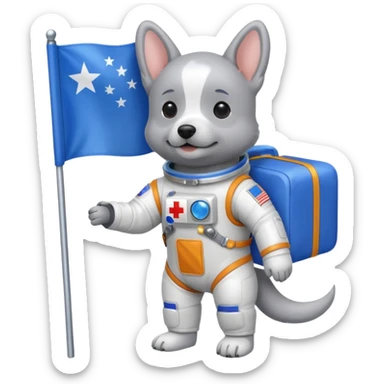 a gray dog in space suit, holding blue rectangle flag, full body, front view sticker