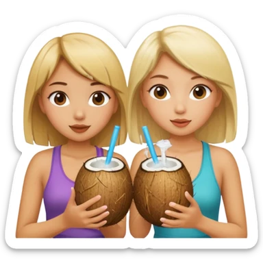 Two girls drinking out of a coconut one is Asian the other one is blonde  sticker