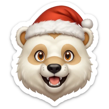Polar bear and wolf hybrid with sabertooth fangs; light orange eyes; smiling; wearing a Santa hat  sticker