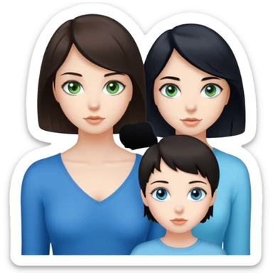 brunette short hair girl with dark brown eyes little tanned but pale, brunette longer hair girl eith blue/green eyes and pale, black hair girl and blue eyes pale skin as girl group and trio sticker