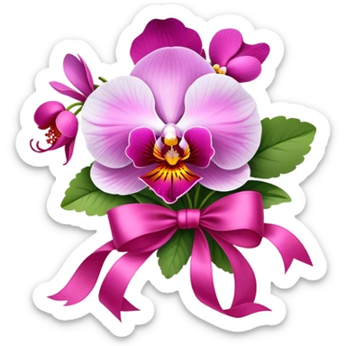 A bouquet of Orchid Pink pansies tied with a flowing Wild Strawberry ribbon. The vivid contrast of soft petals and bold silk creates a charming, romantic scene." sticker