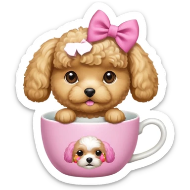 Golden maltipoo dog with pink bow k bow that is very poise make it have a cup of tea sticker