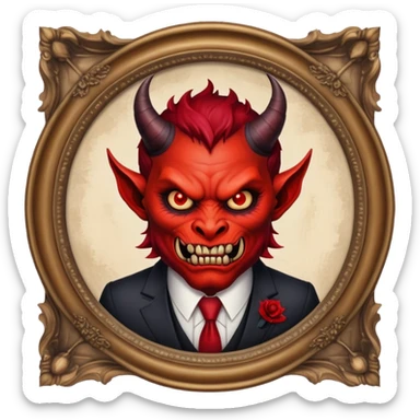 round oil painting in frame, portrait of a demon in a suit sticker