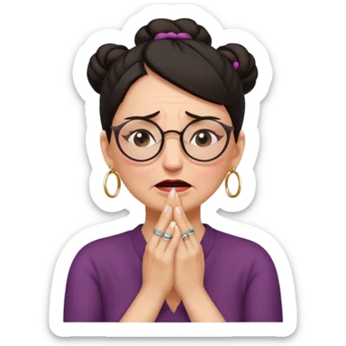  middle aged woman with dark hair pulled up in a high bun, wearing round ring earrings and glasses, expression extreme pain on her face, covering her ears with her hands very painful expression on her face, eyes squeezed shut, wincing in pain covering her ears with her hands sticker