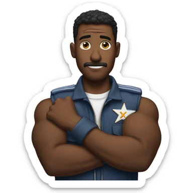 a guy with his arms crossed in front of him like an x and he is blowing air forcefully out of his mouth sticker