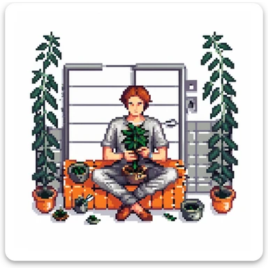 Pixel art depiction of a man in a jail cell, sitting and trimming cannabis with scissors, surrounded by cannabis leaves. sticker